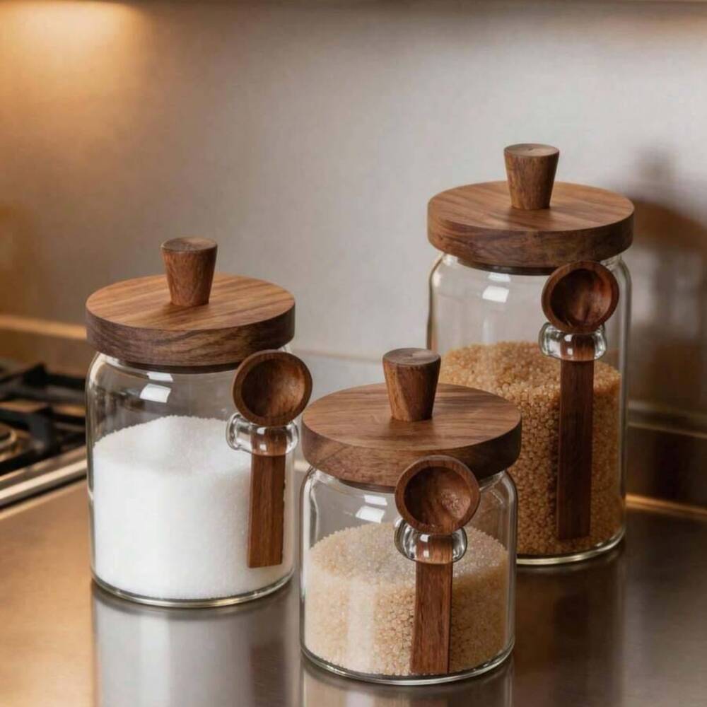 ชุด 3 ชิ้น โหลแก้วใสพร้อมฝาไม้ - Food Storage Set Glass บทวิจารณ์และราคา