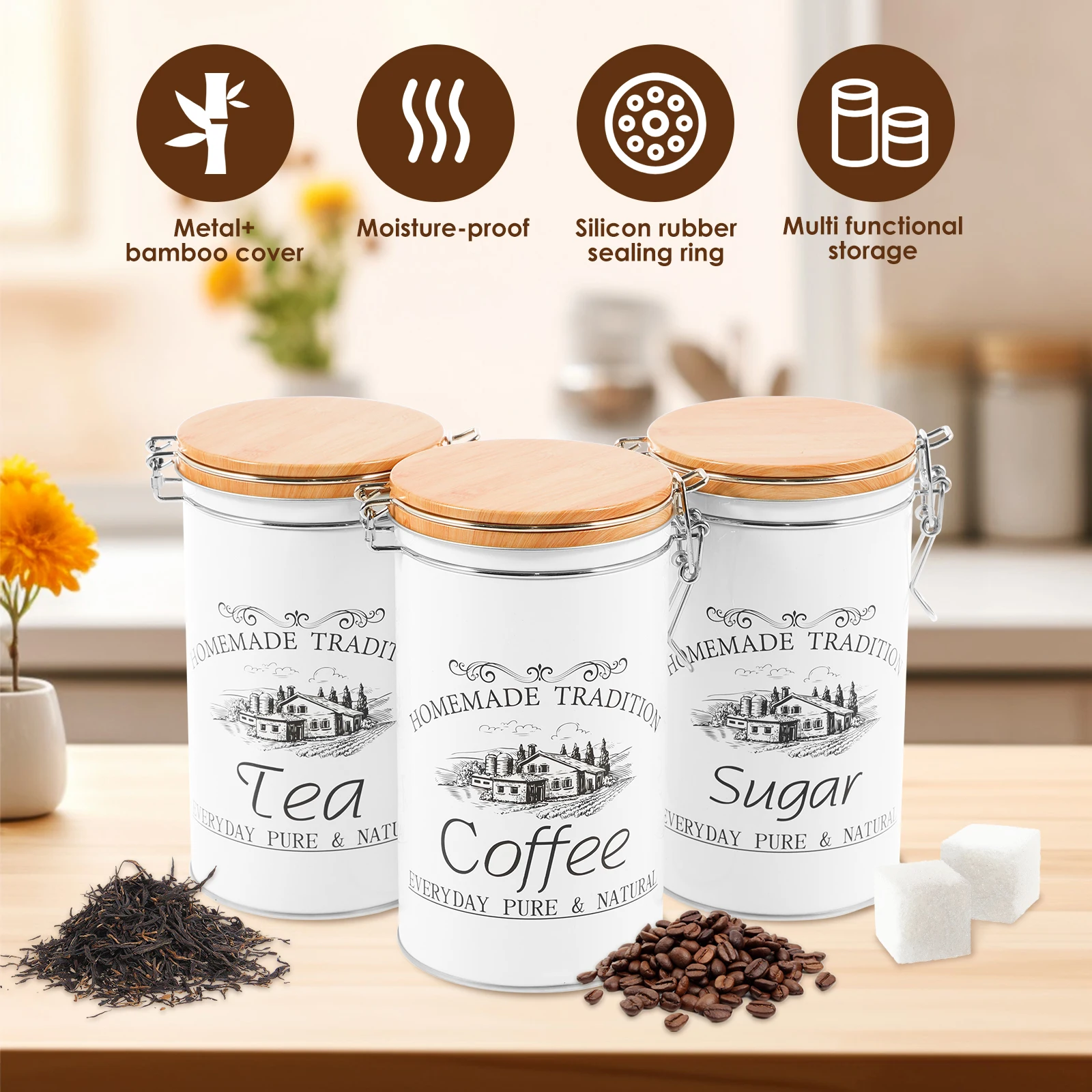 ชุดกระป๋องเก็บชา กาแฟ น้ำตาล 3 - Food Storage Metal Box บทวิจารณ์และราคา