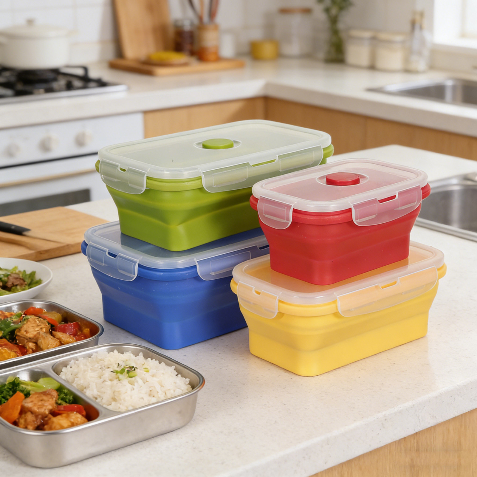 กล่องอาหารซิลิโคนพับได้ 4 ชิ้น - Food Storage Lunch Box บทวิจารณ์และราคา